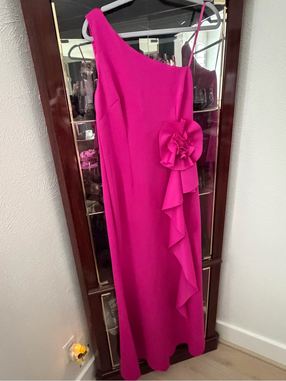 Jessica Howard One-Shoulder Fuchsia Evening Dress with Floral Ruffle
